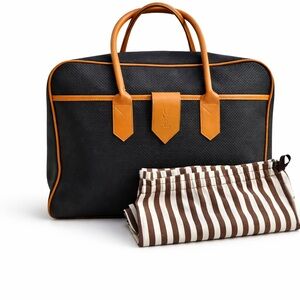 Yves Saint Laurent YSL Vintage Briefcase Bag Black Canvas Tan Leather Trim